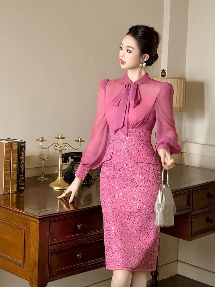 【JY.上品】 2025秋 蝶結び ワンピース シフォン ドッキング キラキラ パーティードレス キャバ 着痩せ 大人 お呼ばれ 同窓会 披露宴 卒業式 結婚式 ウェディング 二次会 成人式