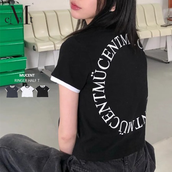 【送料無料】バックロゴ 配色 リングカラー クロップド 半袖Tシャツ クロップドTシャツ ショート丈 カジュアル レディース