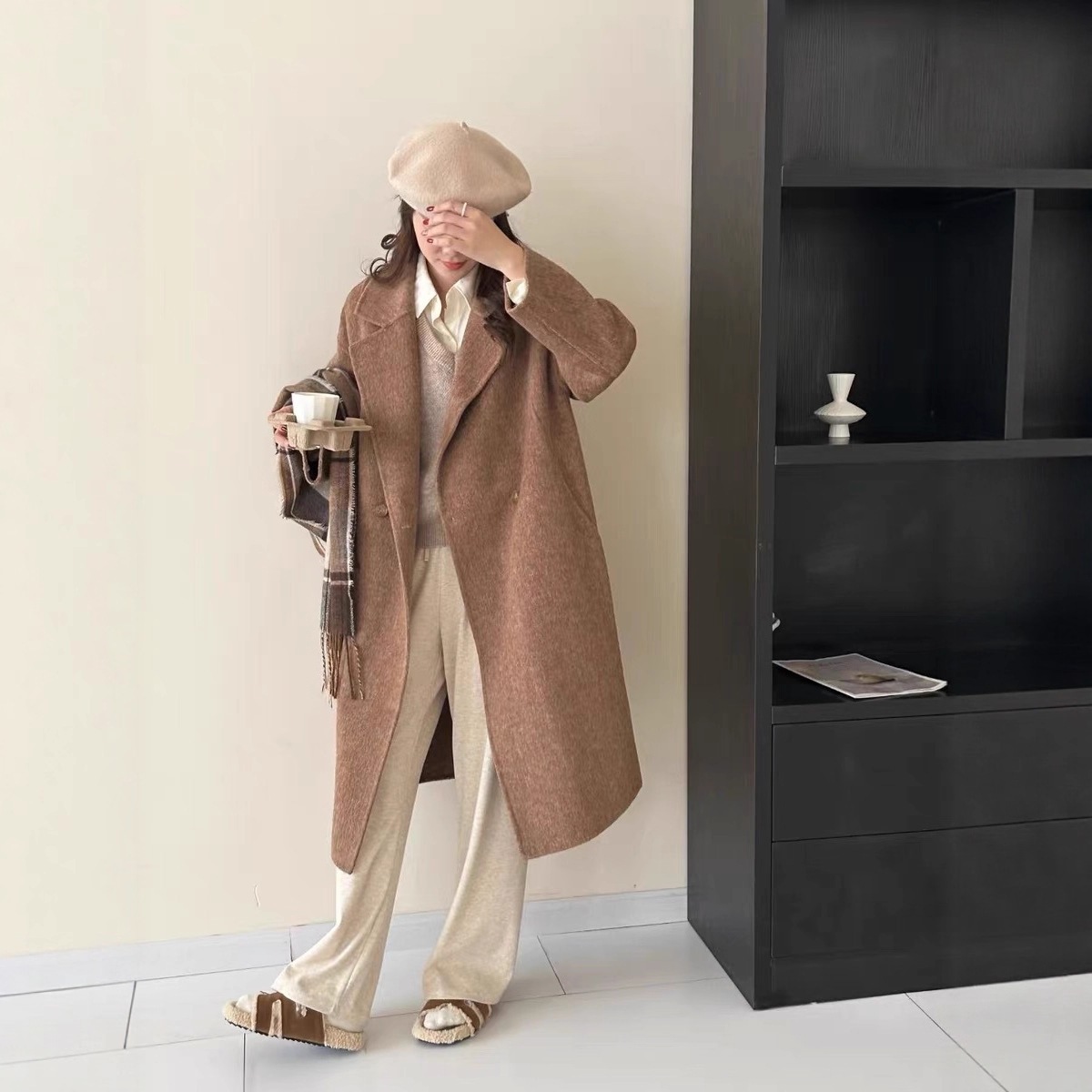 ダブルフェイスウールコートレディース秋冬新作万能ルーズロングスタイルハイエンドライトブラウンウールコート気質