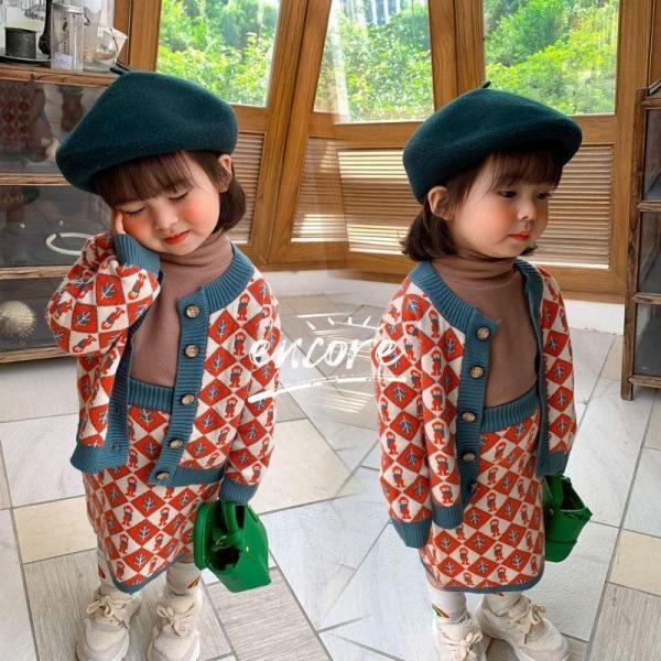 【迅速な出荷】子供服 長袖 女の子 ニットセットアップ カジュアル キッズ ニットカーディガン サロペット スカート 春秋冬 上下セット チェック柄 学院風 通学 卒業式 入学式