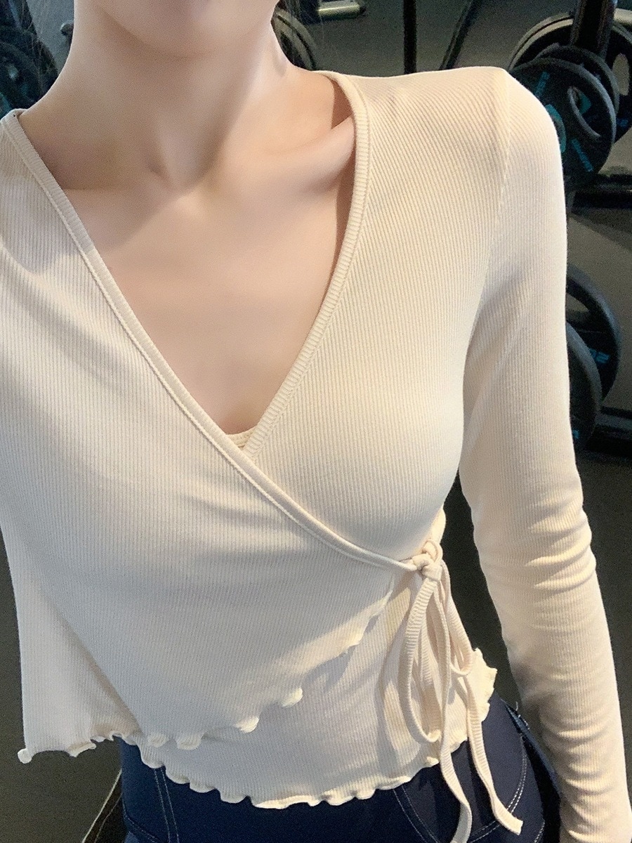 メガ割 ファッション レディースヨガウェア ヨガトップス 運動 長袖 Vネック シャツタイト ピラティス ランニング お家ヨガウェア フィットネスウェア