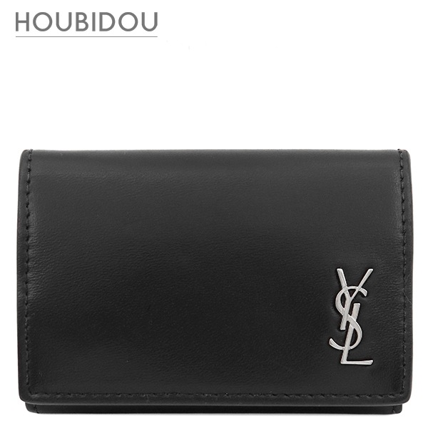 サンローラン 三つ折り財布 YSL ロゴ コンパクト ウォレット レザー ブラック シルバー金具 黒 3つ折り ミニ財布 685656 【箱】【中古】
