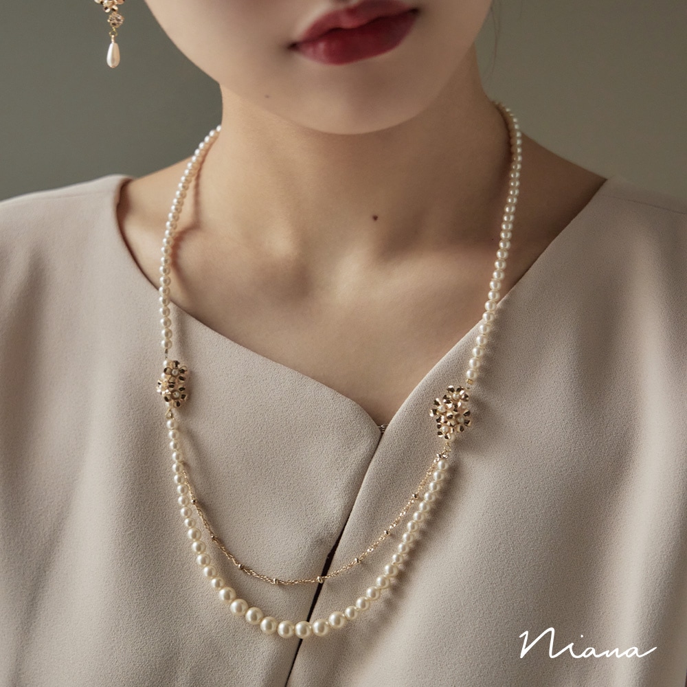 フラワーモチーフパールミドルネックレス レディース チェーン 花 ジュエリー アクセサリー ゴールド 優雅 上品 華やか お出かけ フォーマル パーティー 結婚式 セレモニー 入学式 卒業式 成人式