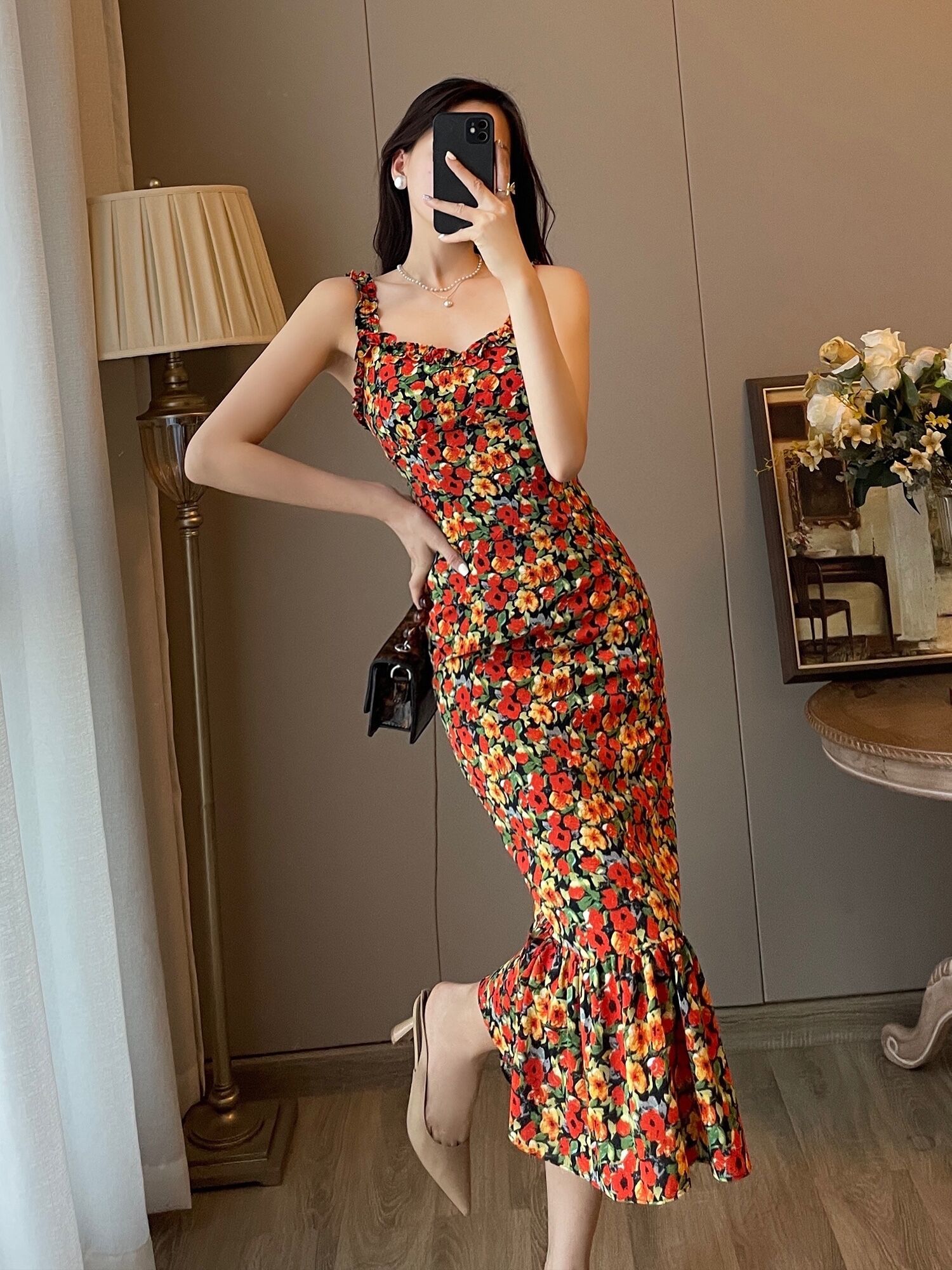 花柄サスペンダー レディース レトロ バッグ ヒップ ウエスト スリム マーメイド スカート