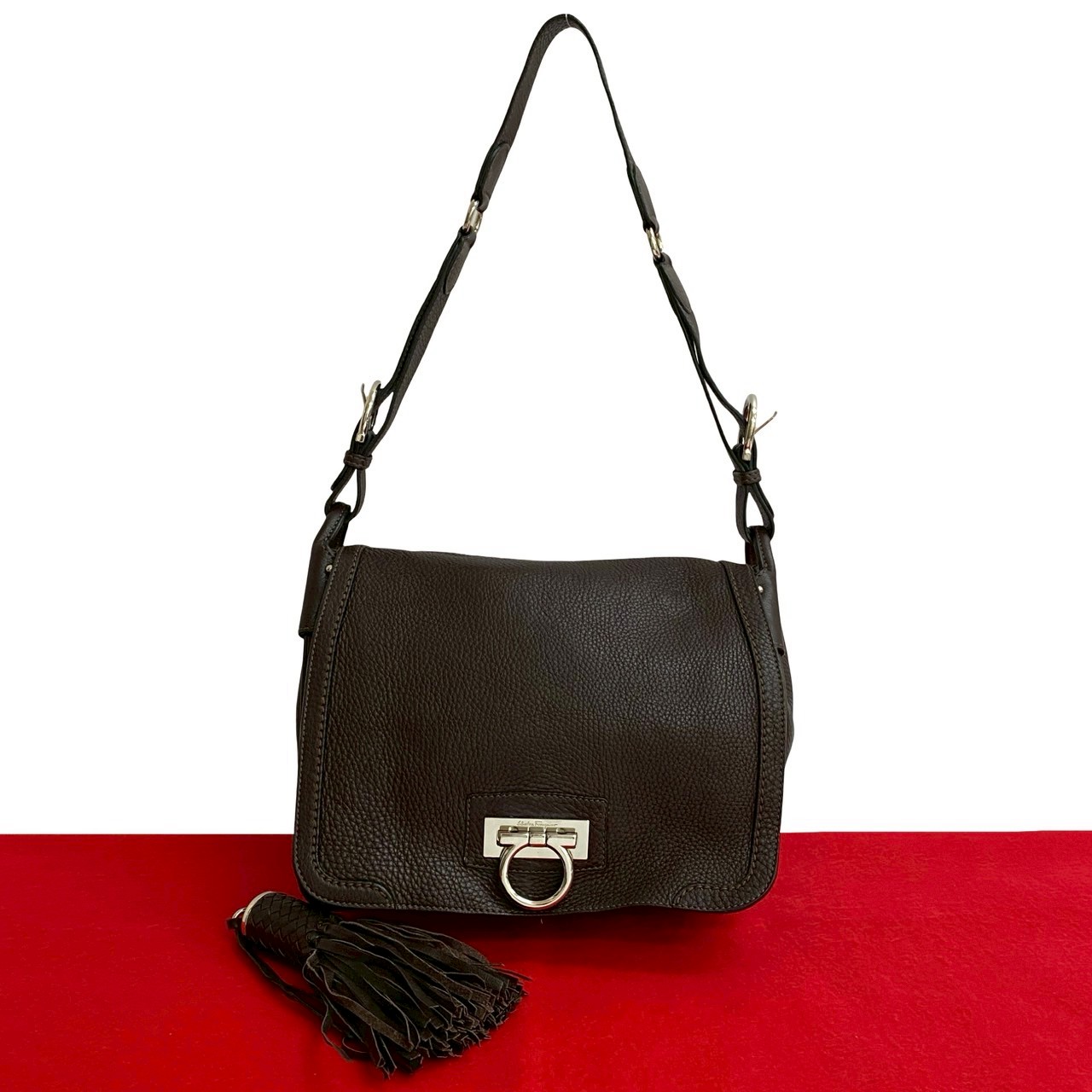 ガンチーニ ロゴ 金具ショルダーバッグ レザー ブラウン 120-6