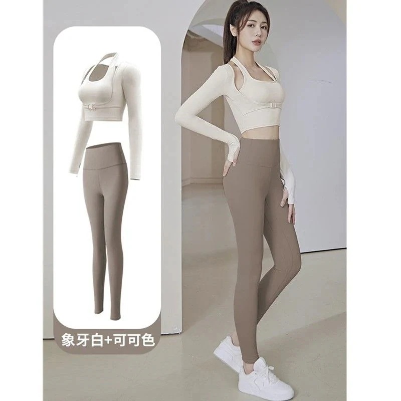 メガ割 2点セットおしゃれヨガウェア女性用ヨガウェア胸当て付き プロ仕様の速乾性スポーツトップスフィットネスウエア长袖ヨガウェア新作ランニングスーツ
