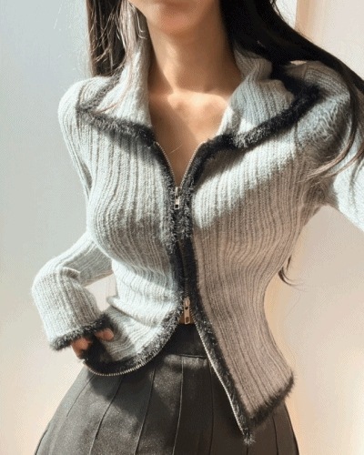 ツーウェイ ニット アンゴラ 柔らかい スパン ジップアップ ジッパー カーディガン