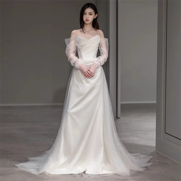 ホワイト レース ウェディングドレス　Aライン　袖取り外し可能　2WAY ロングドレス ウェディングドレス パーティードレス　二次会ドレス　ブライダル　撮影　XS/S/M/L/XL　長袖　レディー