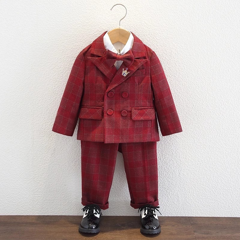 学園祭 タキシード スーツ 結婚 七五三子供服 卒業入学 結婚式 発表会 子供服 フォーマル スーツ赤チェックスーツ秋と冬の男の子の新しいドレス結婚式フラワーガール結婚式誕生日宴会スーツ