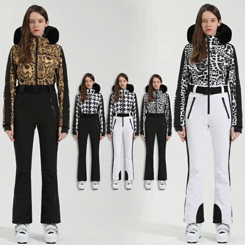 スノーボードウェア レディース オールインワン つなぎ 上下セット スキーウェア スノボウェア スリム 細身 ヒョウ柄 チェック柄 雪遊び ウィンタースポーツウェア 保温 防水 防寒 通気 海外通販
