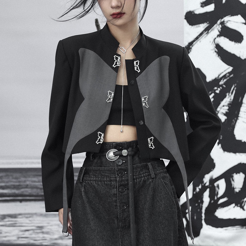 アウター レディース 秋 切り替え テーラードジャケット 長袖 蝶 黒灰 配色 合わせやすい ショート丈 スタンドカラー 個性的