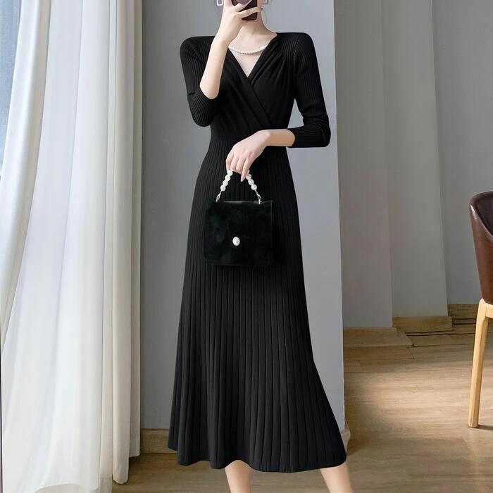 50代 黒 ブルー レディース 30代 秋 ニット ワンピ カシュクール 長袖 春 リブ ミモレ丈 レッド 20代 ホワイト ブラック シンプル Vネック エレガント リブ 青 白 ワンピース ドレ