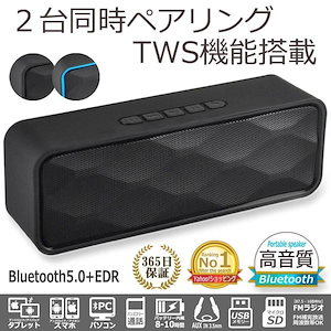 ブルートゥース スピーカー Bluetooth5.0 TWS 2台同時接続 対応 ポータブル ワイヤレス スピーカー 小型 スマホ PC 無線 AUX USBメモリー マイクロSD おしゃれ