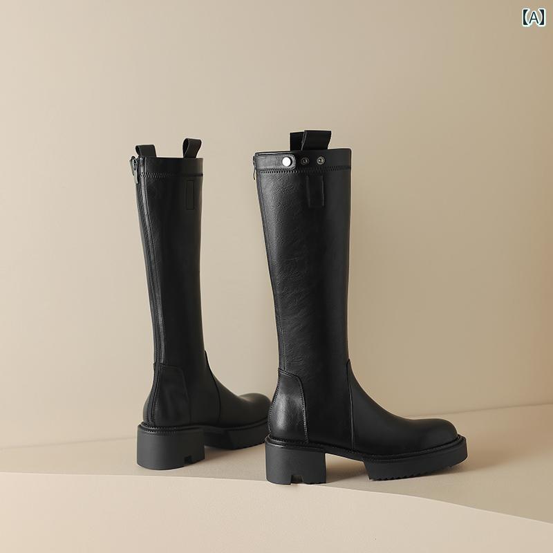 ロングブーツ レディース タイトフィット シンプル おしゃれ スタイルアップ ラウンドトゥ 太い ヒール 女性用 スリミング ブーツ 革 バック ジッパー ナイト ブーツ