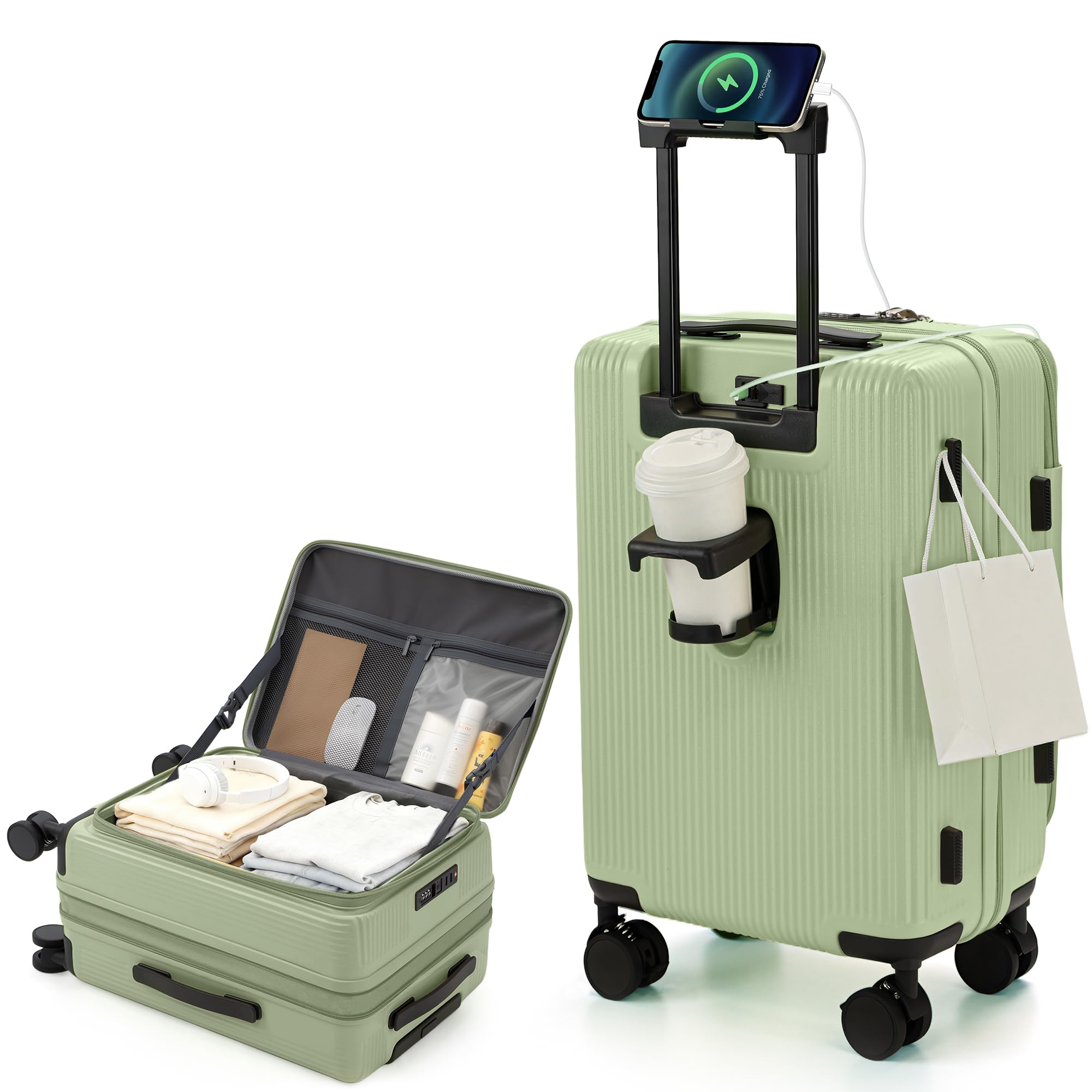 [RIMUKE] スーツケース 機内持ち込み キャリーケース 多機能 片開き 拡張機能付き キャリーバッグ フロントオープン USBポート付き カップホルダー付き 隠しフック機能 超軽量 耐衝撃 静音