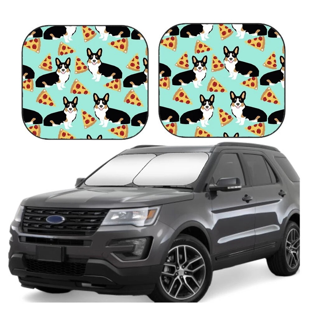 車のフロントガラスサンバイザー コーギー-トリコロール-ピザ-犬-犬種-かわいい-ペット-ミント- 2ピースのフロントガラスサンシェード