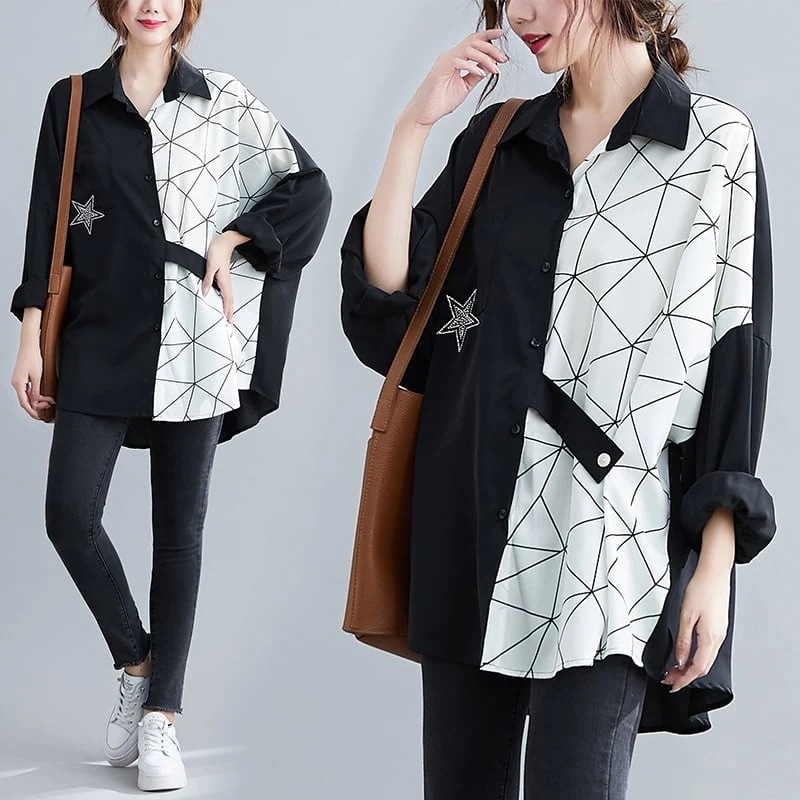 ロング シャツ ブラウス 黒 l アシンメトリー 個性的 長袖 トップス バイカラー 星 スター ゆる クール ビックシルエット ゆったり カッコイイ レトロ 襟付き プルオーバー スタイリッシュ レ