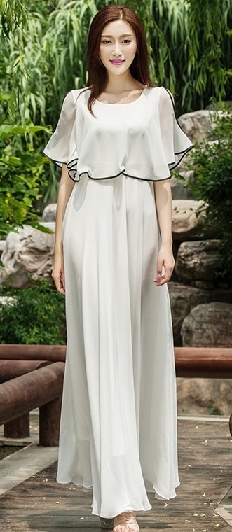 1947.シースルーフレアロングドレス（ホワイト）2019 春夏 sale 春夏 sale ワンピース 花柄 Uネック 五分袖 エレガント お呼ばれ パーティー 結婚式 披露宴 女子会 レストラン デ