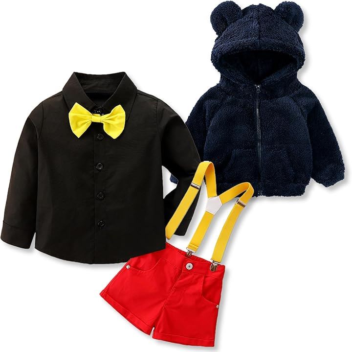 子供服 キッズ コスチューム 5点セット アウター ボア モコモコ ジャケット フード 耳付き サスペンダー 長袖 クリスマス ハロウィン(コスチューム+アウターセット, 80)