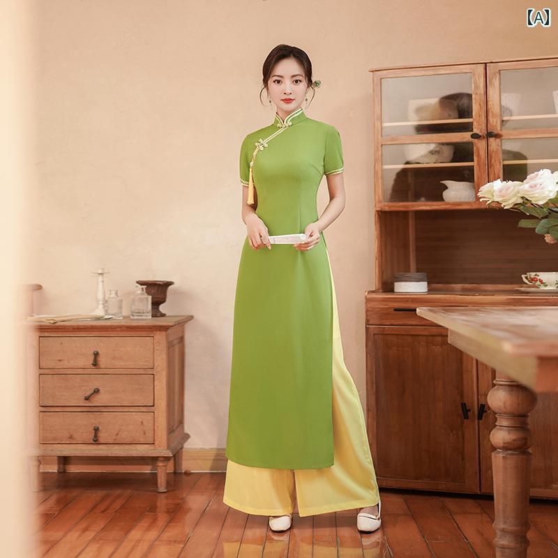 アオザイ チャイナドレス レディース ベトナム ステージ パフォーマンス ワイド レトロ スーツ グリーン