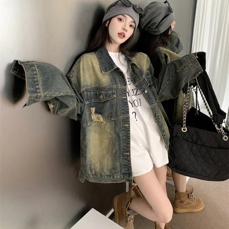 コーデに役立つ！デニムジャケットレトロ春秋作ゆったりミディアム長袖トップスレディース韓国ファッション通勤デニムジャケットアウター