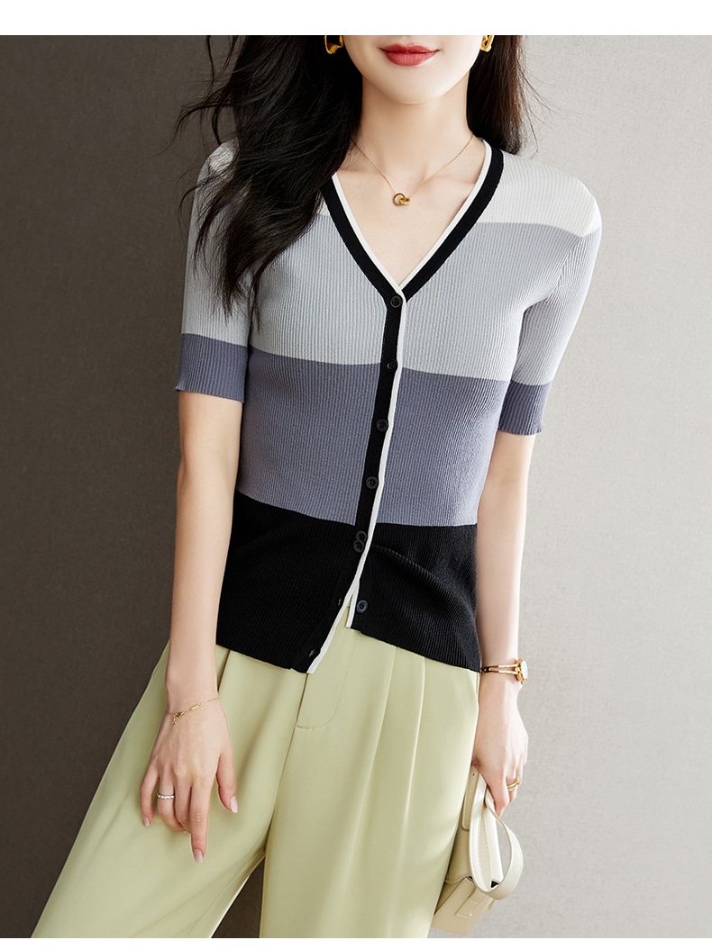 夏 カジュアル 個性的なデザイン 半袖 スリムフィットシルク ニット カーディガン V ネック レディース トップス ウェア ブラック ブルー M L XL XXL トップス 袖あり かわいい 8,272円
