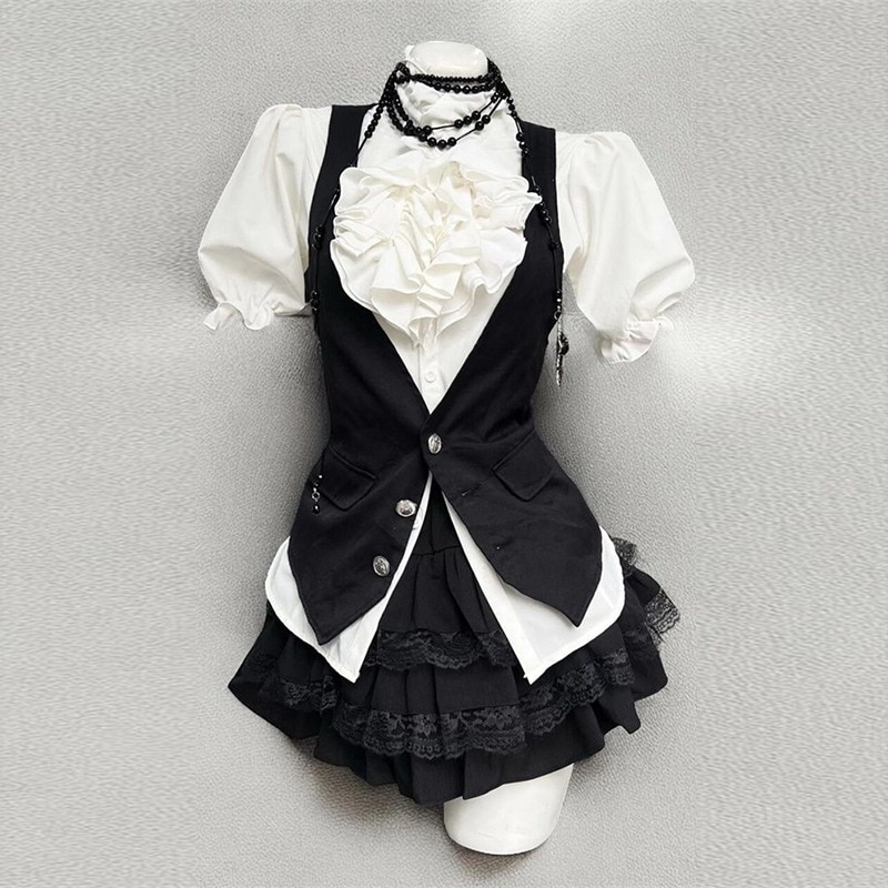 甘くてプレッピーなスタイルのレディース夏用スリーピースセット：パフスリーブシャツベストハイウエストチュールスカート