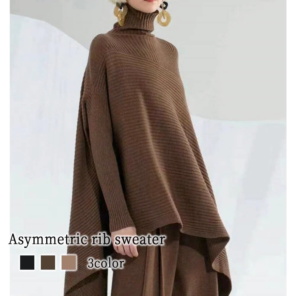 セーター レディース アシンメトリーリブセーター タートルネック ゆる ざっくり かわいい 厚手 ケーブル編み トレーナー 人気 白 黒 ブランド 柄 ハイネック ニットセーター 春 クルーネック お