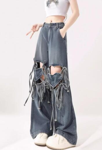 デニムジーパンパンツズボンボトムスハートリボンレースアップダンス衣装 ダンス イベント文化祭 コスチューム 韓国ファッション HIPHOP レディースガールズ 個性的 ヒップホップ