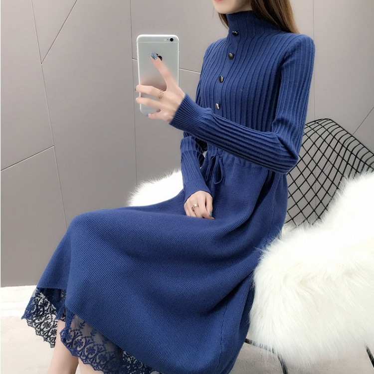 秋冬ロングワンピース 裾レースニットワンピース Aラインスカート カジュアルガーリーワンピース スカート ワンピース プルオーバー オールインワン ロングスカート ニットスカート 膝上 ロング