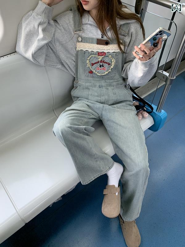 オーバーオール デニム パンツ レディース ジーンズ 刺繍 秋 カジュアル ストレート サロペット ハイウエスト ブルー