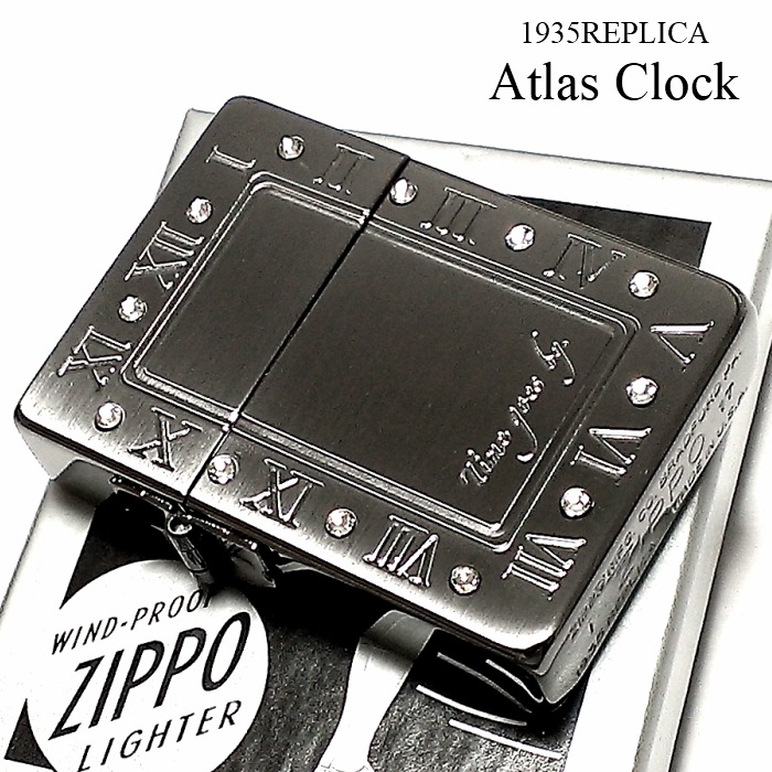 ZIPPO ライター ジッポ 1935 復刻レプリカ アトラースクロック ブラックサテン 時計 ラインストーン 3バレル かっこいい おしゃれ 角型 メンズ レディース ギフト プレゼント