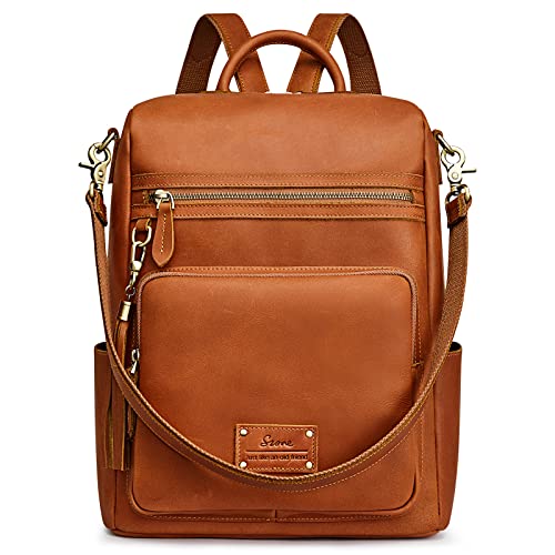 S-ZONE Genuine Leather Women Backpack Purse Vintage Fashion Shoulder Bag Travel Schoolbag Daypack wi