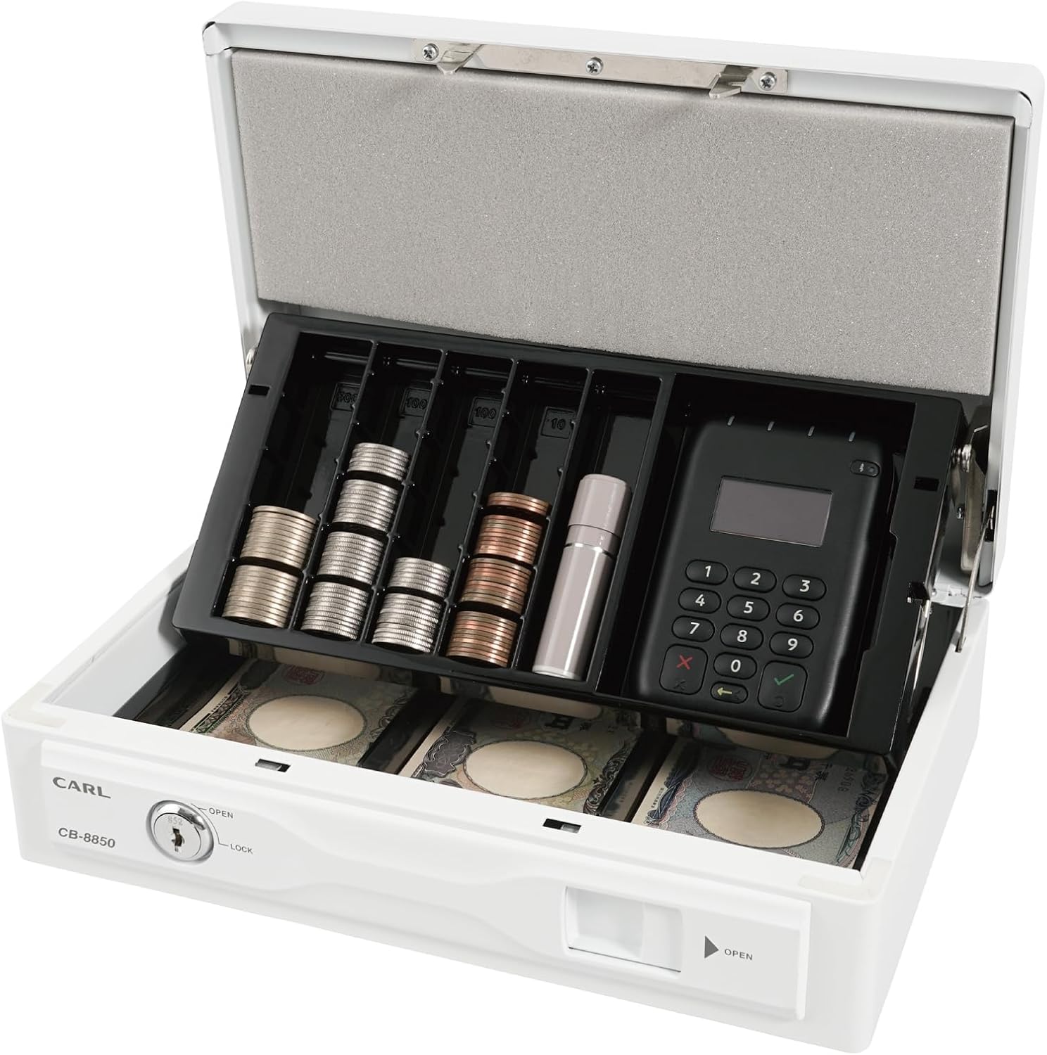 カール事務器 そとレジ キャッシュレス決済端末も収納できる手提げ金庫 キャッシュボックス A5薄型スリム ホワイト CB-8850-W