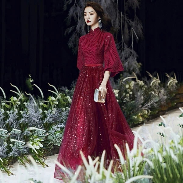 新品掲載！ドレス 大人 ピアノ 発表会 演奏会用ドレス ロングドレス 演奏会 イブニングドレス 結婚式 母親 ピアノ発表会 中学生 パーティードレス 発表会ドレス 赤 袖付き 高校生 演奏会ドレス 大