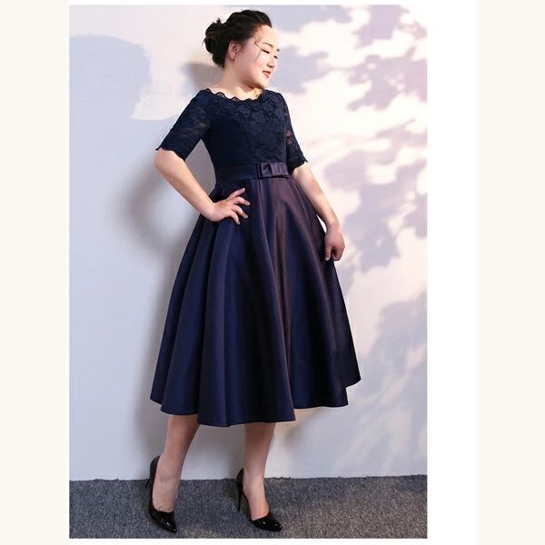 パーティードレス ネイビー 結婚式袖あり ミモレ丈 ひざ下 レース お呼ばれ 20代 30代 40代 50代 5L dg691c0c6kc/代引き・返品・交換・同梱不可