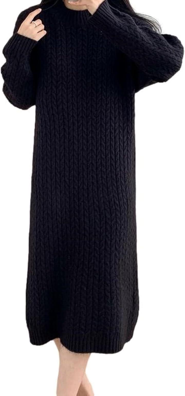 ワンピース レディース ニット ケーブル編み ラウンドネック 膝下丈 長袖 Iライン ゆったり ニットプルオーバー 大人っぽい リッチ シャレ感 シルエット 清楚系(ブラック, XL) 7,480円