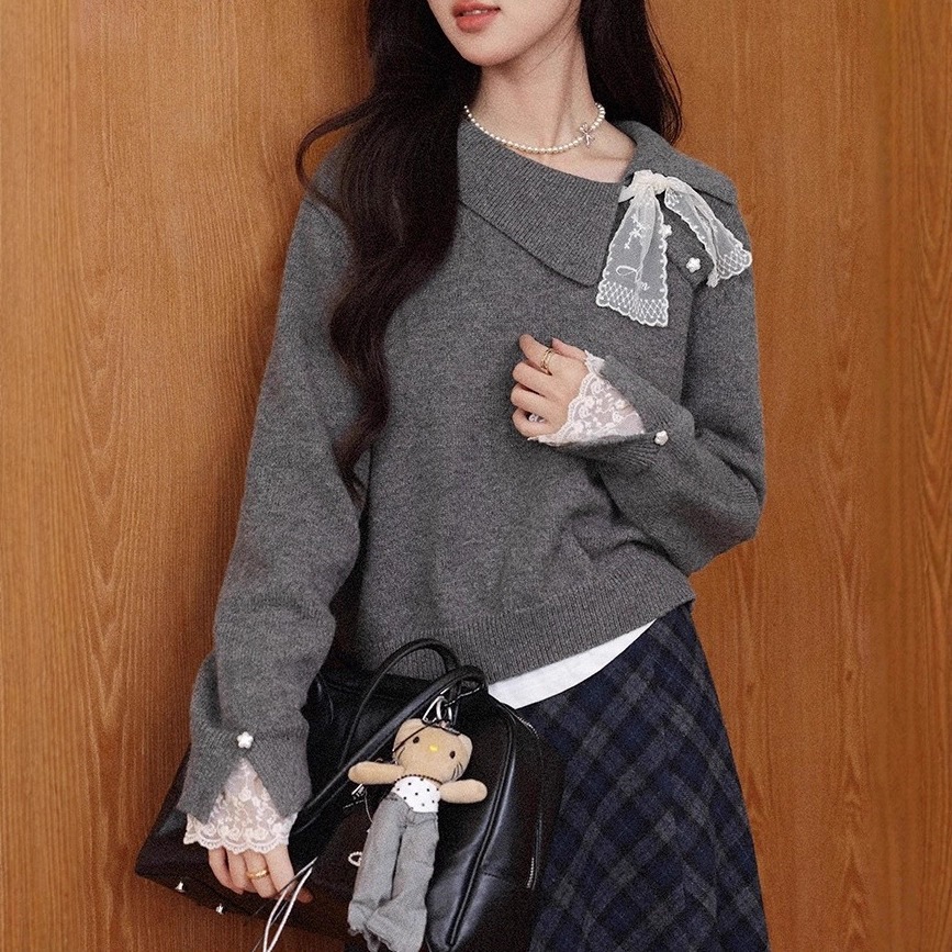 洗練された優しいスタイルのグレーのプルオーバーセーター女性のための新しい秋と冬のスタイルレースアップの長袖ニットベースレイヤートップ