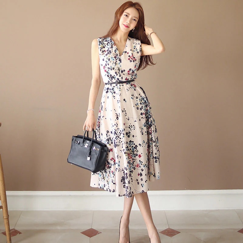 夏韓国スタイル女性エレガント V ネックウエストミッドレングス花スイングファッションドレス ワンピース フレアワンピース 膝丈 膝下 ノースリーブ Vネック Aライン シフォン ベルト ウエストマーク