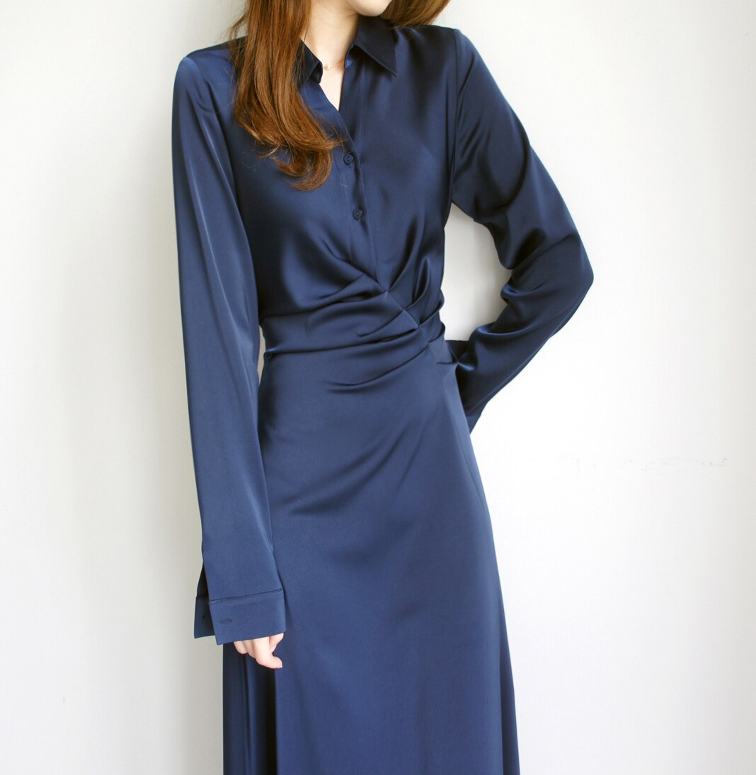 ワンピース フレア ロング 長袖 フレアスリーブ 襟付き 細身 Aライン アシメントリー ウエストマーク サテン 大人可愛い きれいめ エレガント 春 秋 デート お出かけ XL ネイビー