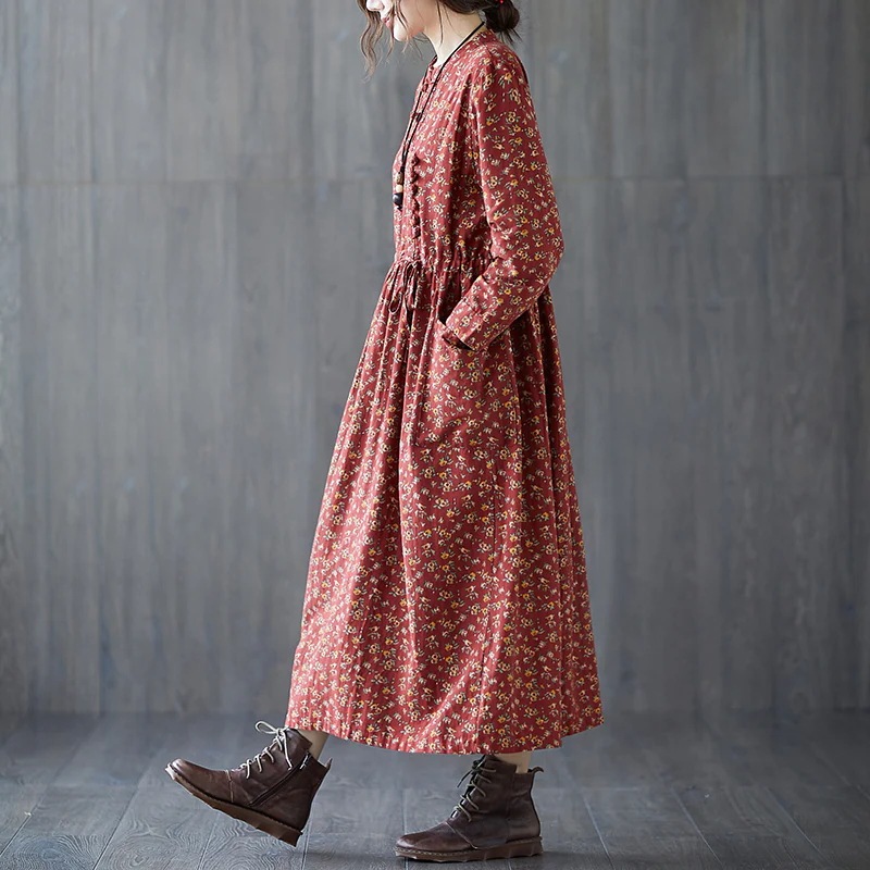 綿 麻 ワンピース コットン リネン 小花柄 総花柄 フローラル 長袖 袖あり 襟なし ハイウエスト 切り替え ロング丈 ロング ミモレ丈 膝下 ひざ下 ポケット付き 大人 カジュアル 大人可愛い