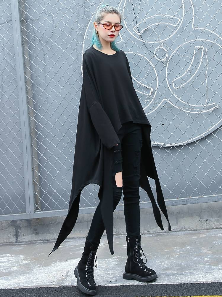 レディース トップス Tシャツ 人気 通販 アシンメトリー 長袖 袖あり バットスリーブ ドルマンスリーブ ドロップショルダー 無地 ゆったり ルーズ ラウンドネック 綿 コットン ストリート モ