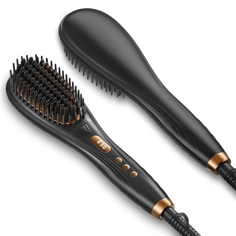 【国内即発】ストレートブラシ ブラシアイロン 【80℃～230℃温度調節&マイナスイオン機能】 ヘアアイロン LEDパネル 静電気防止 火傷防止 16段階温度調節可能 MAX230℃ ツヤ感UP ヒー