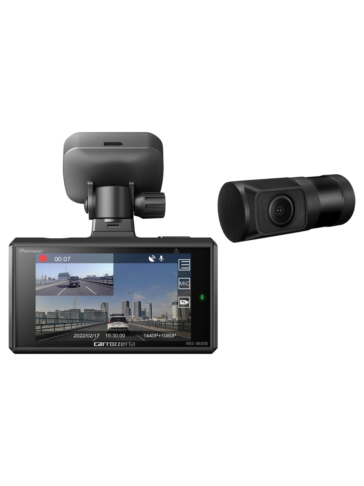 Pioneer ドライブレコーダー VREC-DH301D 前後2カメラ 前370万画素 後200万画素 3インチ 前WQHD 後フルHD 駐車監視対応 対角前135º 後128º 連続 衝撃 手動