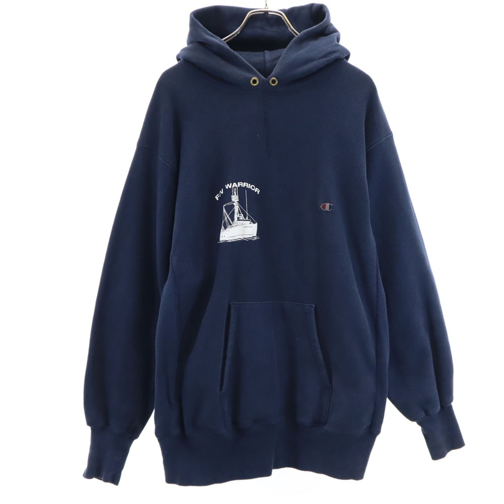 90s リバースウィーブ USA製 刺繍タグ オールド 長袖 スウェットパーカー XL ネイビー プルオーバー 裏起毛 メンズ