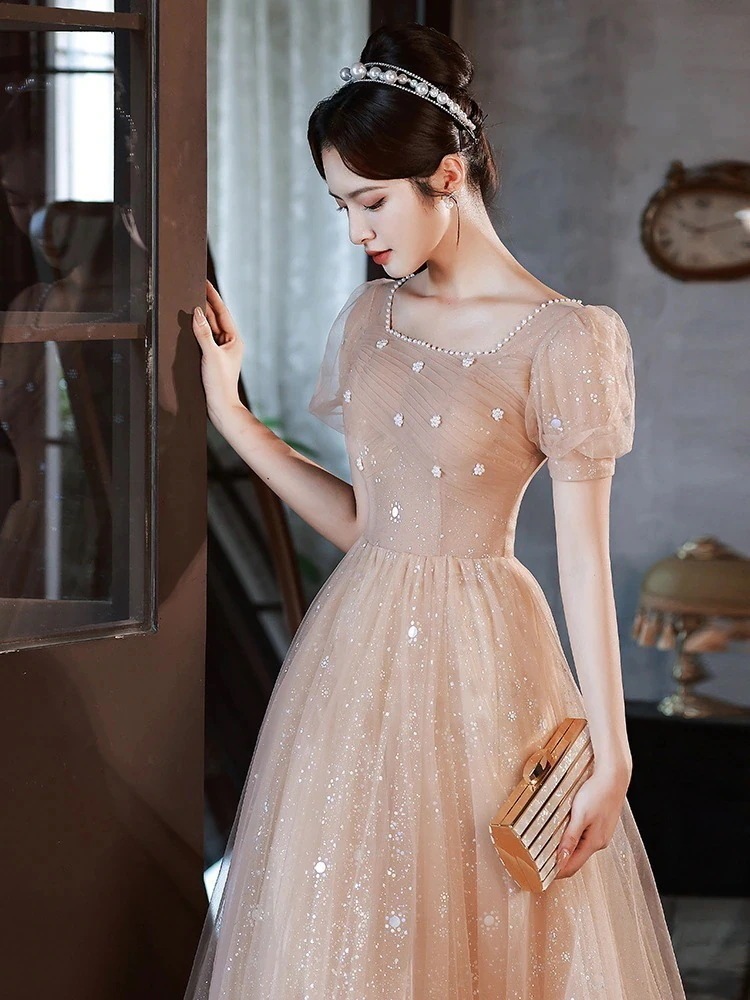 パーティードレスドレス花嫁ウェディングドレス結婚式　ドレスロングドレスパールスクエアネック着痩せワンピース