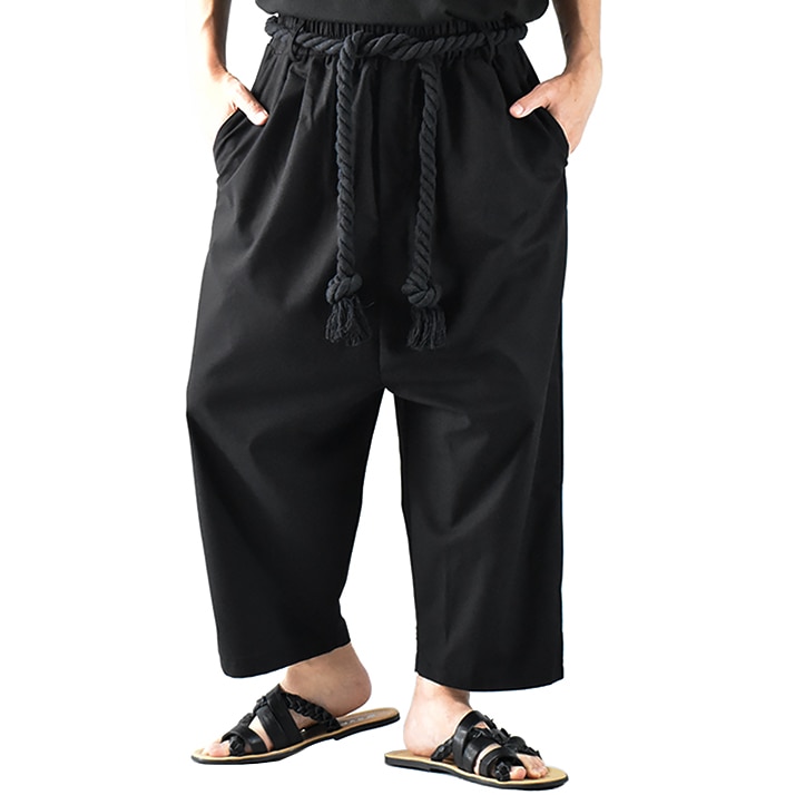 ワイドテーパードパンツ メンズ ワイドパンツ 夏 おしゃれ サルエル 涼 麻 薄手 綿麻 サルエルパンツ 黒 アンクル丈 パンツ アンクルパンツ テーパード イージーパンツ 太縄 ウエストゴム