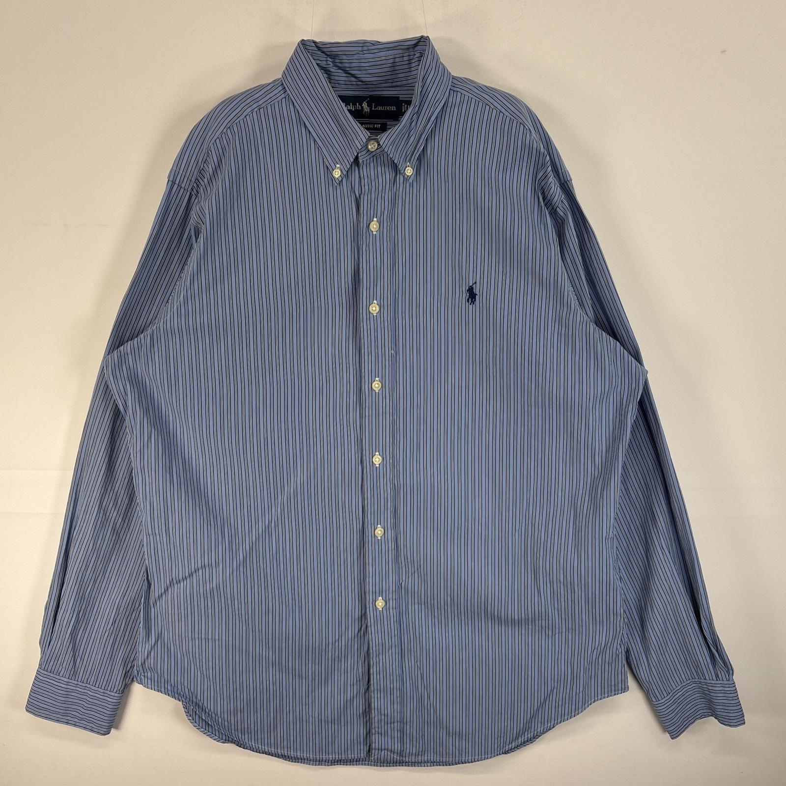 古着 90s/90年代 長袖シャツ ロゴ 刺繍 ストライプ ボタンダウンシャツ L ブルー系 マルチカラー メンズ