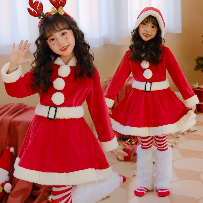 日本語版 クリスマス子供服 エルクドレス 赤いスカート 幼稚園の女の子 サンタクロース 長袖