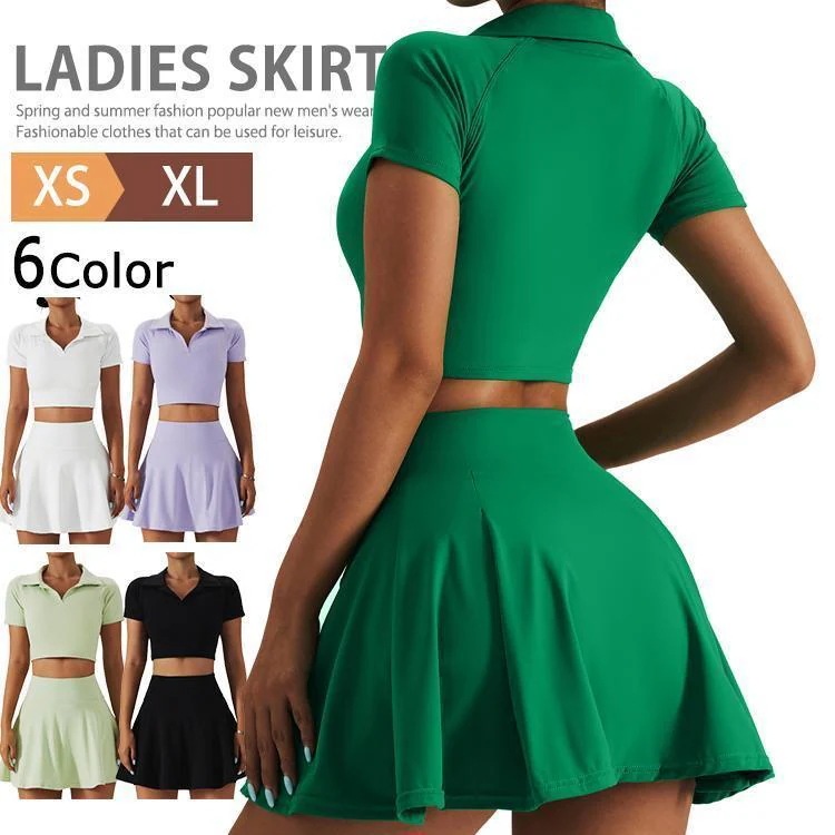 ゴルフウェア レディース セットアップ 上下セット ポロシャツ スカート 半袖 女性用 スポーツ ミニ インナーパンツ付き ダンス